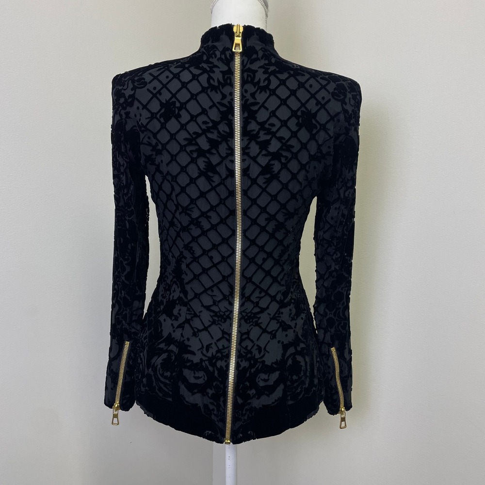 Balmain x HM 2015 Black Silk Burnout Velvet Mock Neck Top Gold Zip Size 8 - Picture 4 of 16